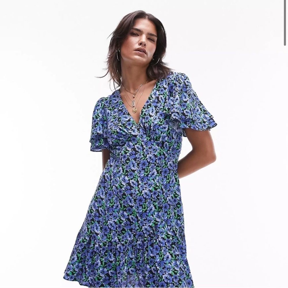 Topshop Blue and Green Floral Mini Dress
